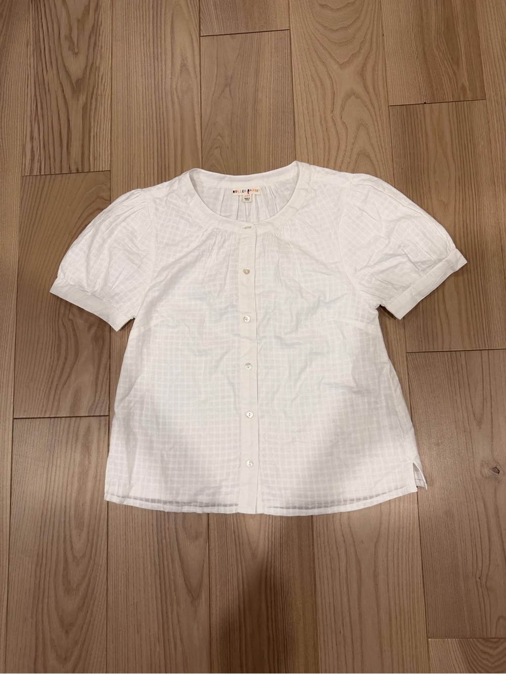 Roller Rabbit White 100% Cotton Puff Sleeve Button Front Blouse XXS LIKE NEW!